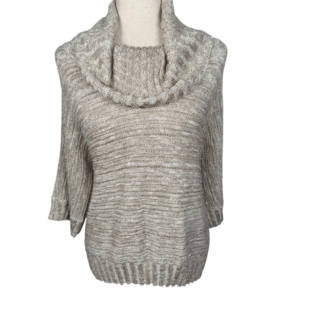 INC International Women's‎ XL Cowl Neck Sweater Sparkle Knit Beige 3/4 Sleeve
